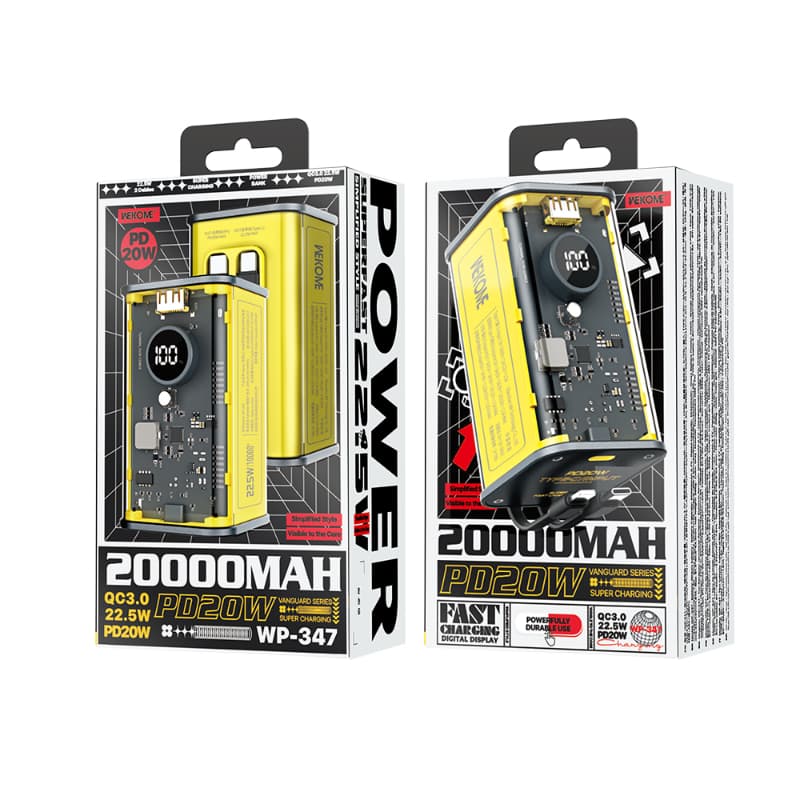 WEKOME WP-347 Vanguard Series - Power bank 20000 mAh Super Fast Charging with built-in USB-C PD 20W & Lightning + USB-A QC3.0 22.5W cable (Yellow) 3