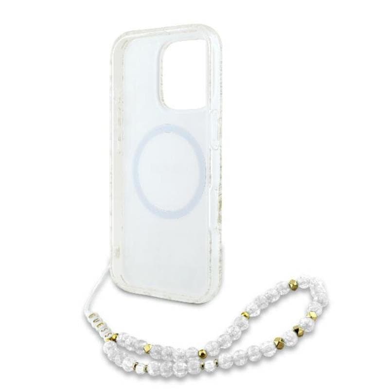 Guess IML Flowers Allover Electro With Pearl Strap MagSafe - Case for iPhone 16 Pro (White) 6