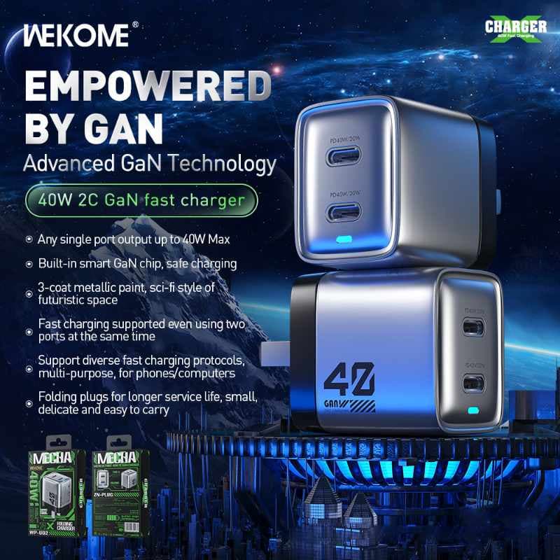 WEKOME WP-U02 Mecha Series - 2x USB-C Super Fast Charger GaN 40W mains charger (Silver) 2
