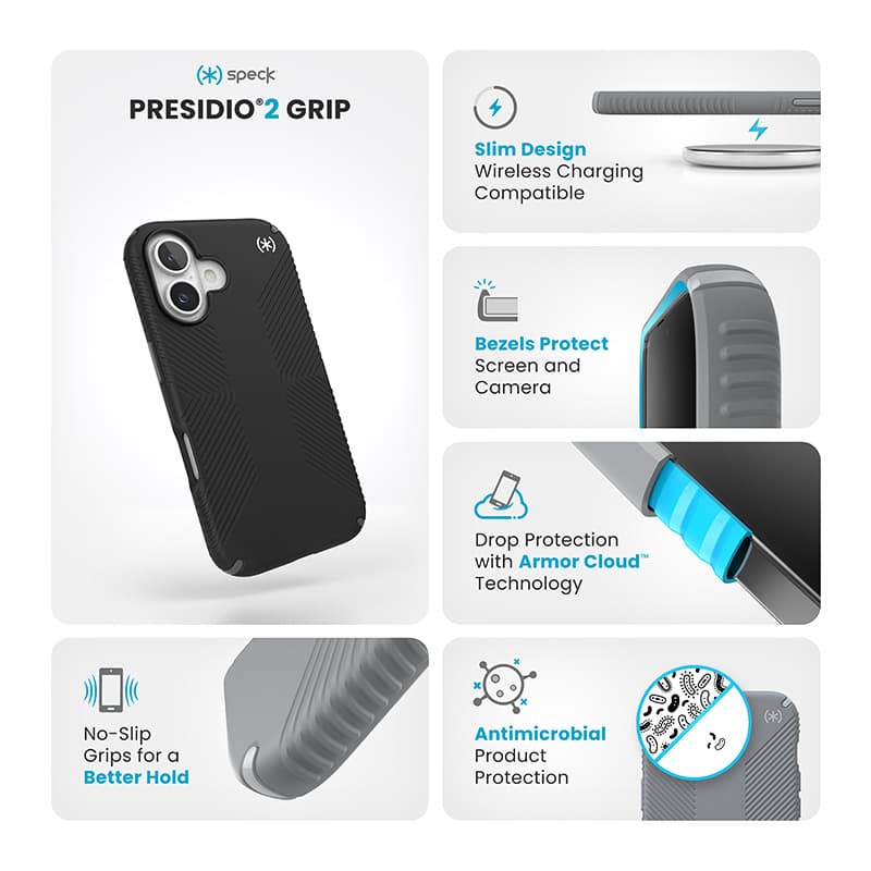 Speck Presidio2 Grip - iPhone 16 Case (Black / Slate Gray / White) 6