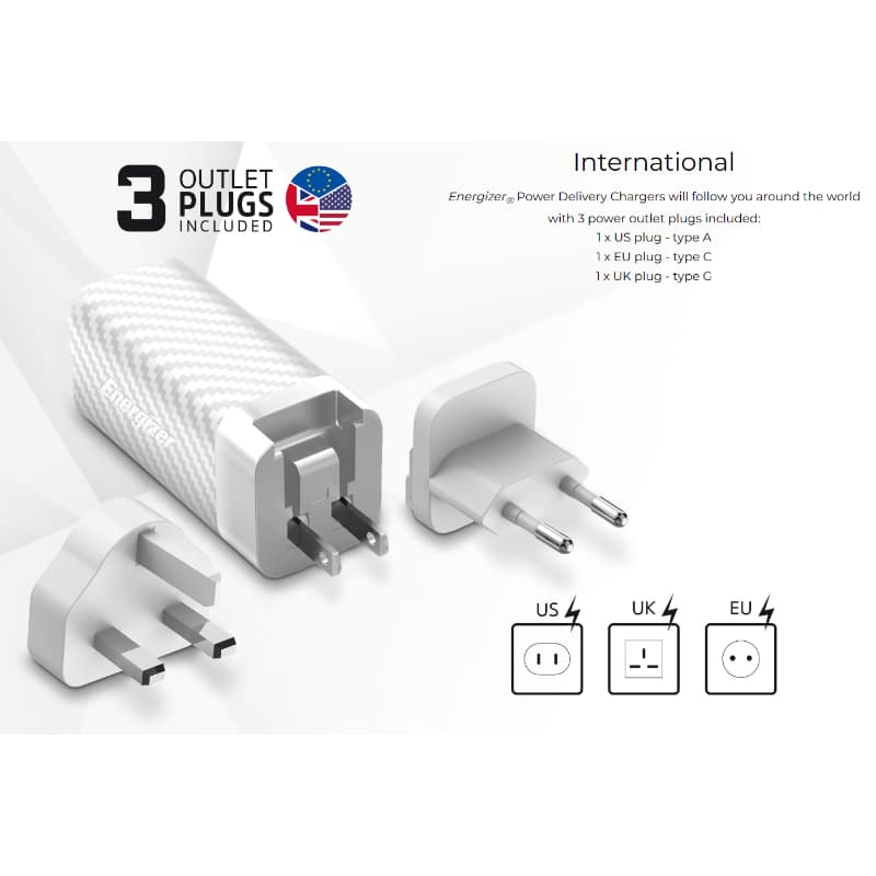 Energizer Ultimate - Multiplug EU / UK / US GaN USB-C & USB-A 65W PD mains charger + USB-C cable (Black) 3