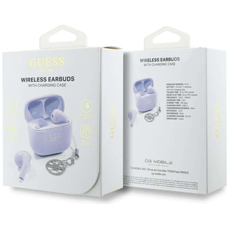 Guess Glossy Effect Printed Classic Logo & Charm - TWS Bluetooth Earphones + Charging Case (Lavender) 6