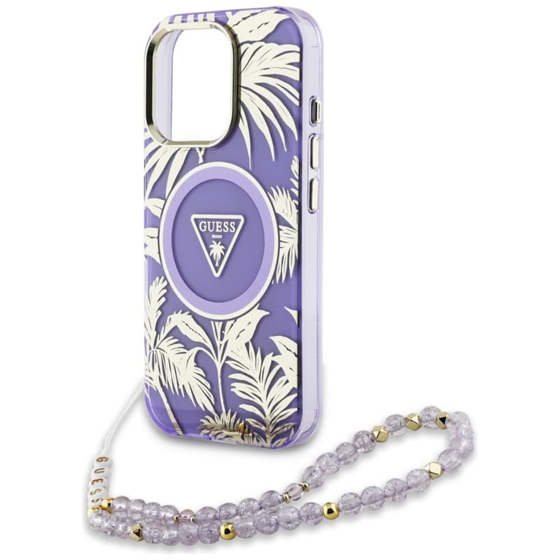 Guess Palm Trees Triangle Pearl Strap MagSafe - Case for iPhone 16 Pro (purple) 5