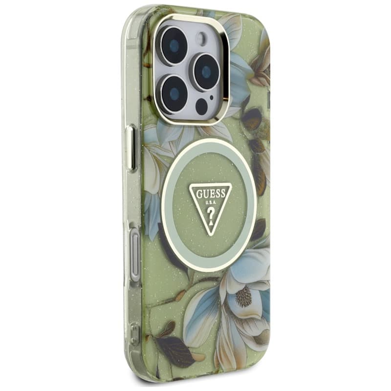 Guess Glitter Flowers Triangle Buttons MagSafe - Case for iPhone 16 Pro Max (green) 4