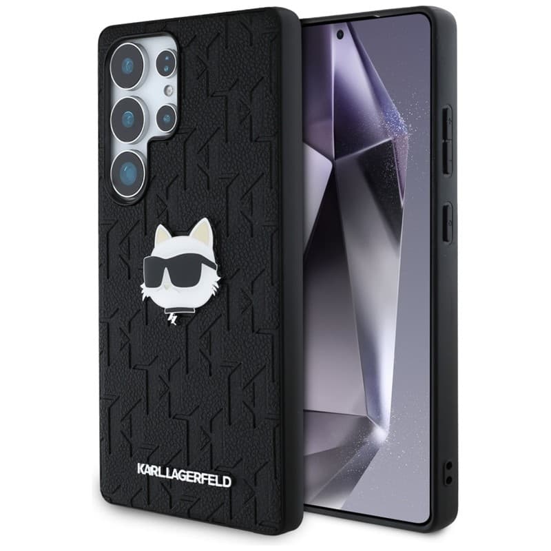 Karl Lagerfeld Leather Monogram Pin Logo Choupette Head - Case for Samsung Galaxy S25 Ultra (Black)