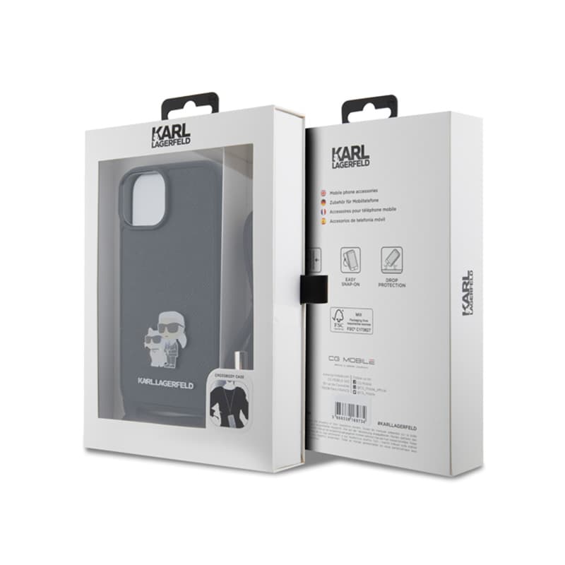 Karl Lagerfeld Crossbody Saffiano Metal Pin Karl & Choupette - Case for iPhone 15 (Black) 7