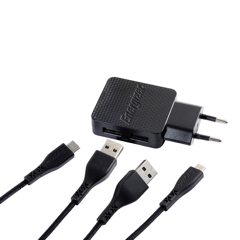 Energizer HardCase - 2x USB-A 12W mains charger + USB-C & Micro USB cable (Black) 2
