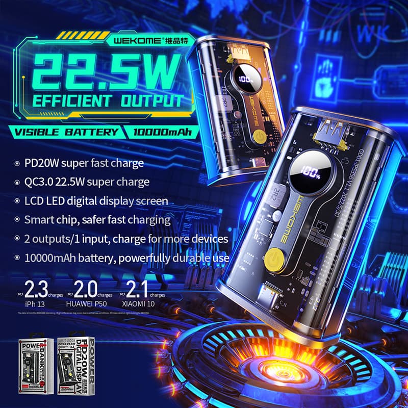 WEKOME WP-333 Vanguard Series - Power bank 10000 mAh Super Charging PD 20W + QC 22.5W (Black / Transparent) 2