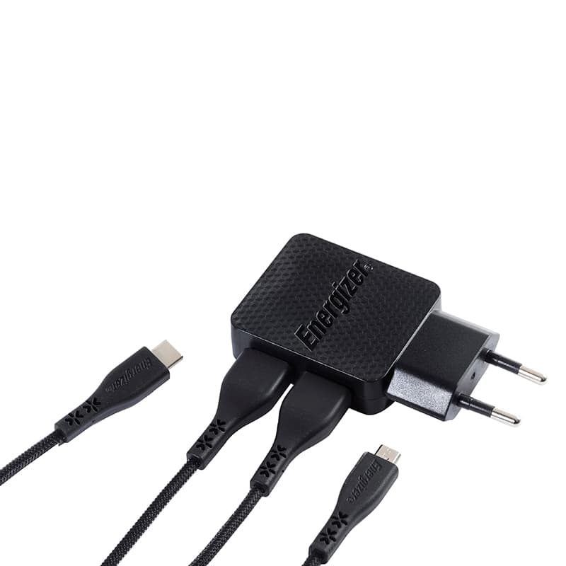 Energizer HardCase - 2x USB-A 12W mains charger + USB-C & Micro USB cable (Black) 3