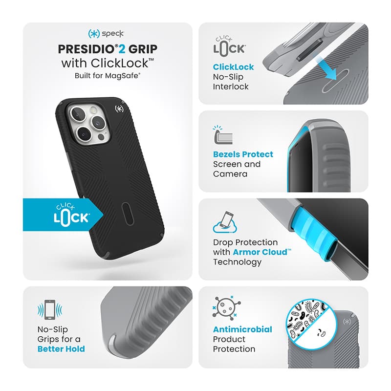 Speck Presidio2 Grip ClickLock & MagSafe - iPhone 16 Pro Case (Black / Slate Gray / White) 3
