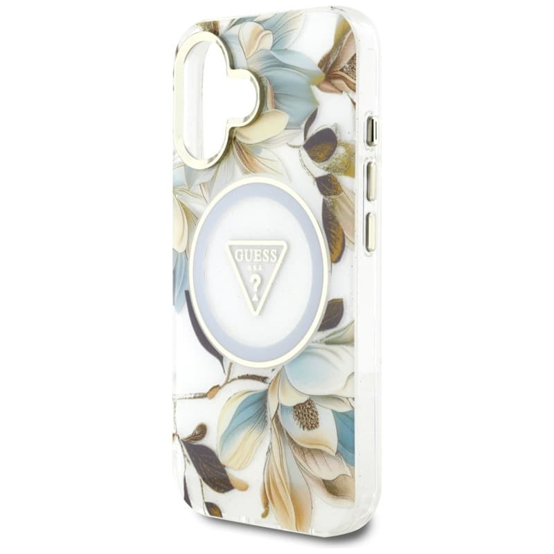 Guess Glitter Flowers Triangle Buttons MagSafe - Case for iPhone 16 (white) 6