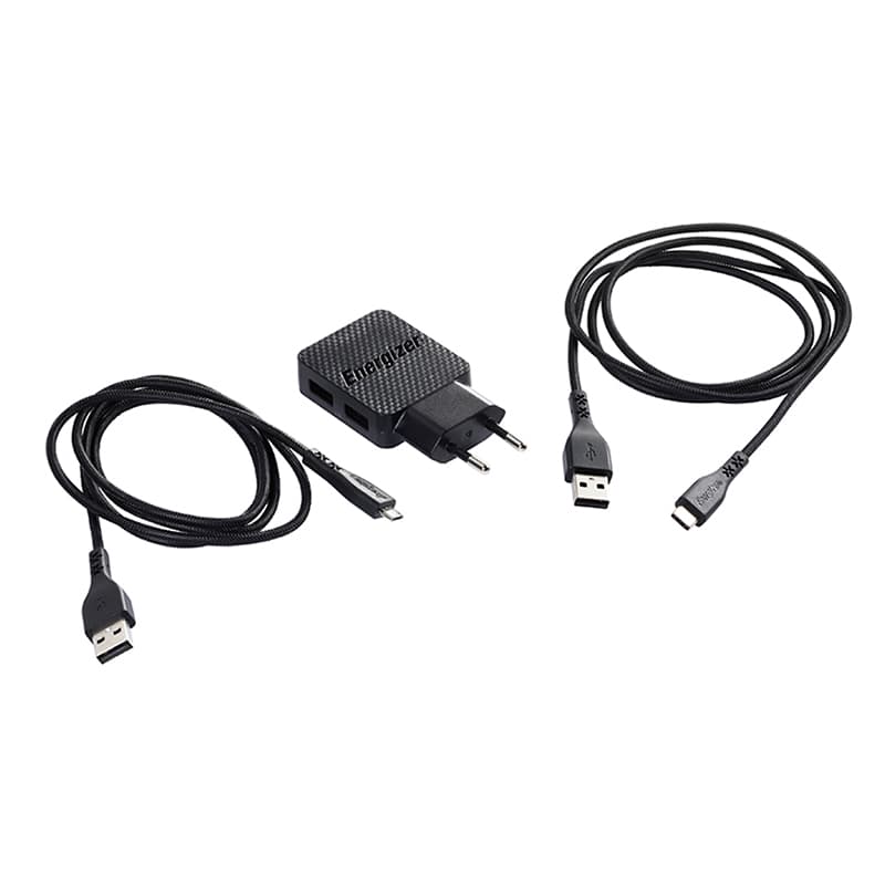 Energizer HardCase - 2x USB-A 12W mains charger + USB-C & Micro USB cable (Black) 5