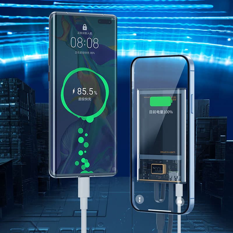 WEKOME WP-323 Vanguard Series - Power bank 10000 mAh Super Charging with integrated USB-C & Lightning cable PD 20W + QC 22.5W (Black / Transparent) 8