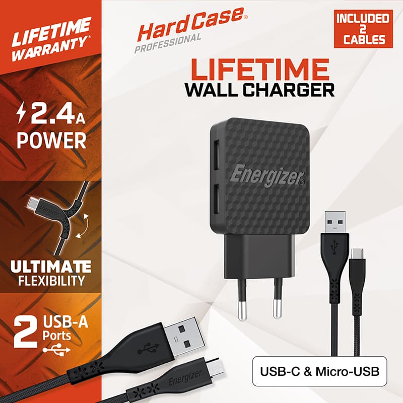 Energizer HardCase - 2x USB-A 12W mains charger + USB-C & Micro USB cable (Black) 6