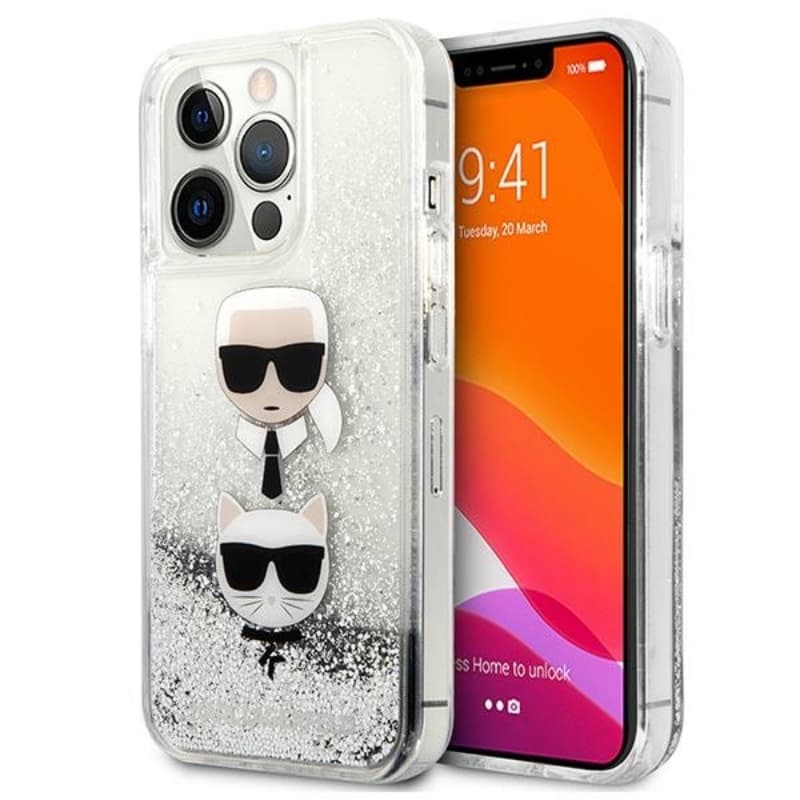 Karl Lagerfeld Liquid Glitter Karl & Choupette Head - Case for iPhone 13 Pro Max (Silver) 1