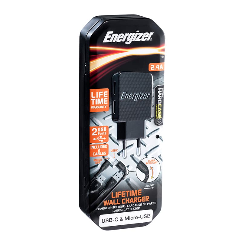 Energizer HardCase - 2x USB-A 12W mains charger + USB-C & Micro USB cable (Black) 7