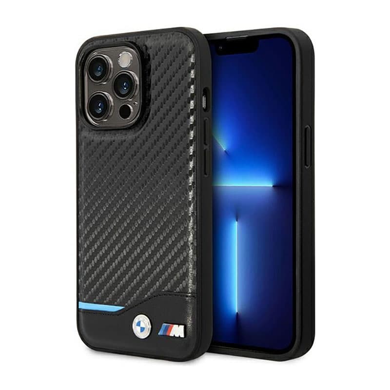 BMW Leather Carbon Blue Line MagSafe - Case for iPhone 14 Pro (Black)