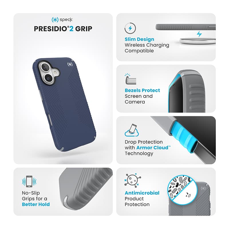 Speck Presidio2 Grip - iPhone 16 Case (Coastal Blue / Dust Gray / White) 6