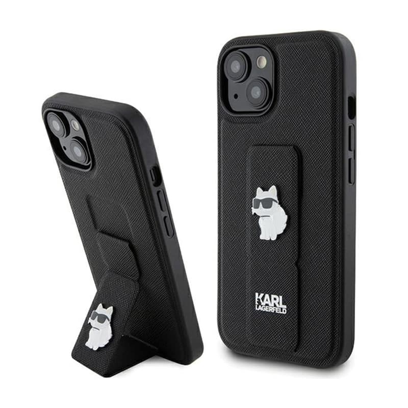 Karl Lagerfeld Gripstand Saffiano Choupette Pins - iPhone 15 Case (Black) 1