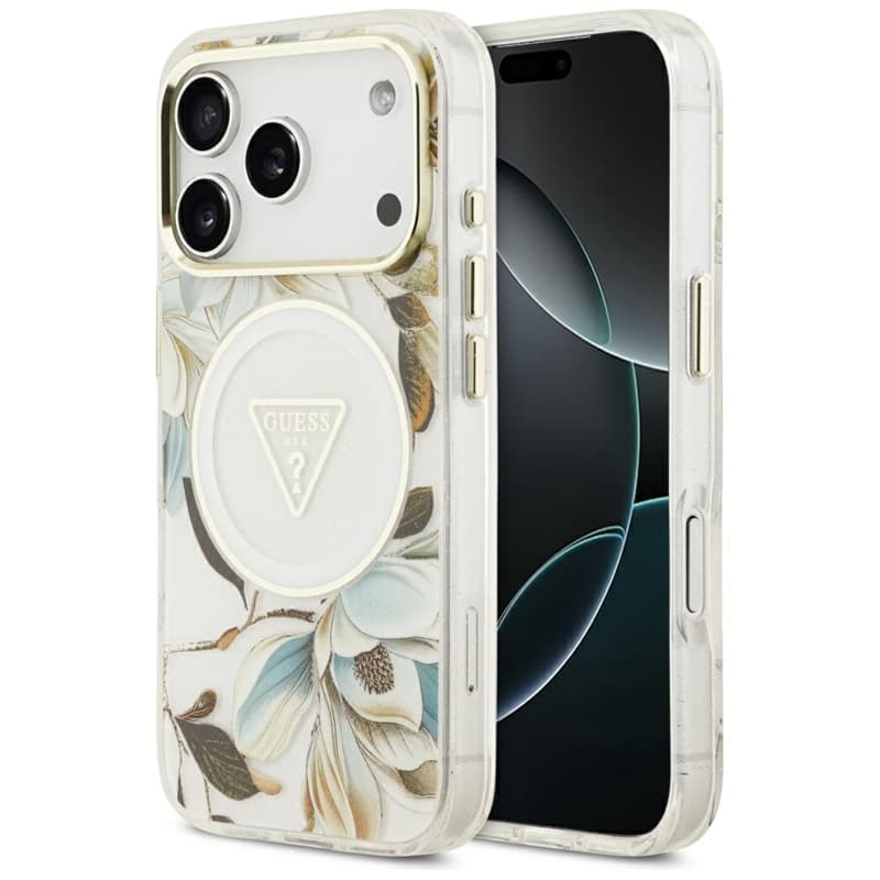 Guess IML Glitter Flowers Triangle MagSafe - Case iPhone 17 Pro (white)