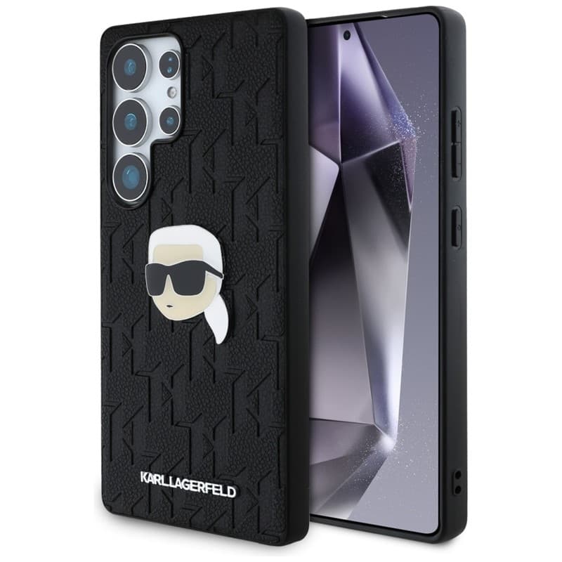Karl Lagerfeld Leather Monogram Pin Logo Karl Head - Case for Samsung Galaxy S25 Ultra (Black)