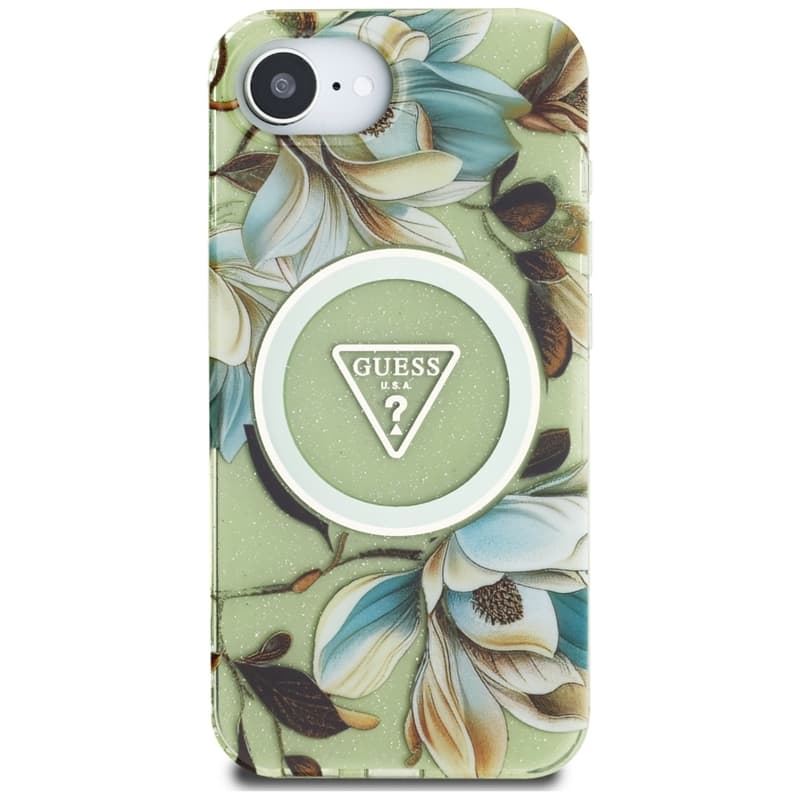 Guess IML Metal Glitter Flowers Triangle MagSafe - Case for iPhone 16e (green) 3