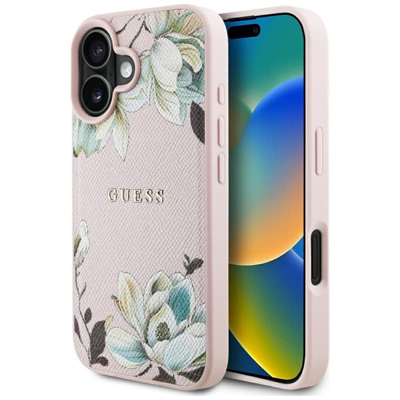 Guess Grained Printed Flower Pattern MagSafe - Case for iPhone 16 (pink)