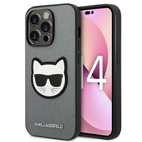 Karl Lagerfeld Saffiano Choupette Head Patch Case - Case for iPhone 14 Pro Max (Silver) 1