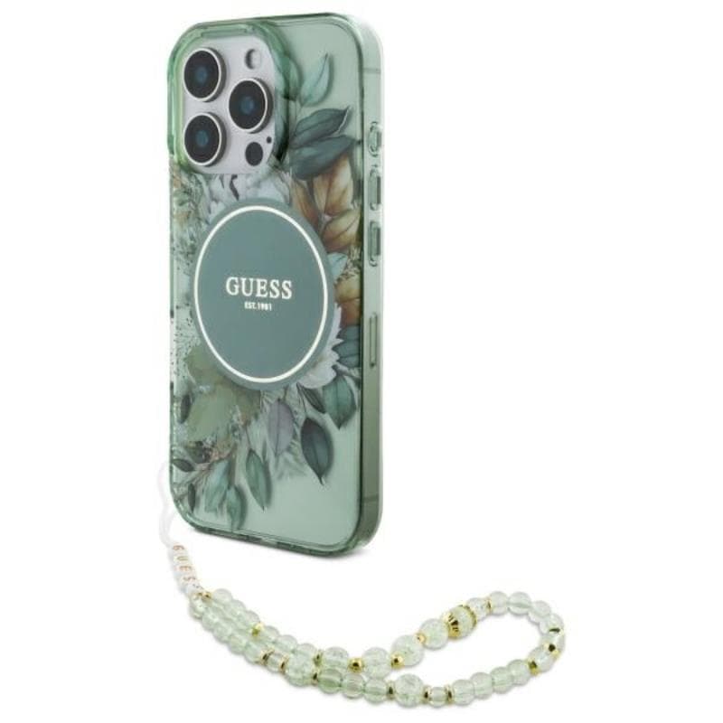 Guess IML Flowers With Pearl Strap MagSafe - Case for iPhone 16 Pro (Green)