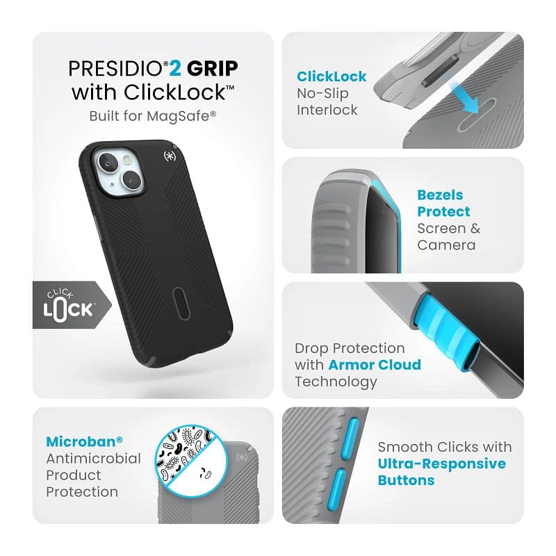 Speck Presidio2 Grip ClickLock & MagSafe - iPhone 17e / 16e / 15 / 14 / 13 Case (Black) 4