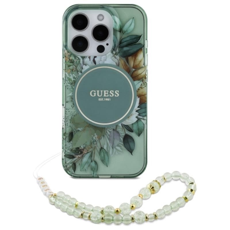 Guess IML Flowers With Pearl Strap MagSafe - Case for iPhone 16 Pro (Green) 2