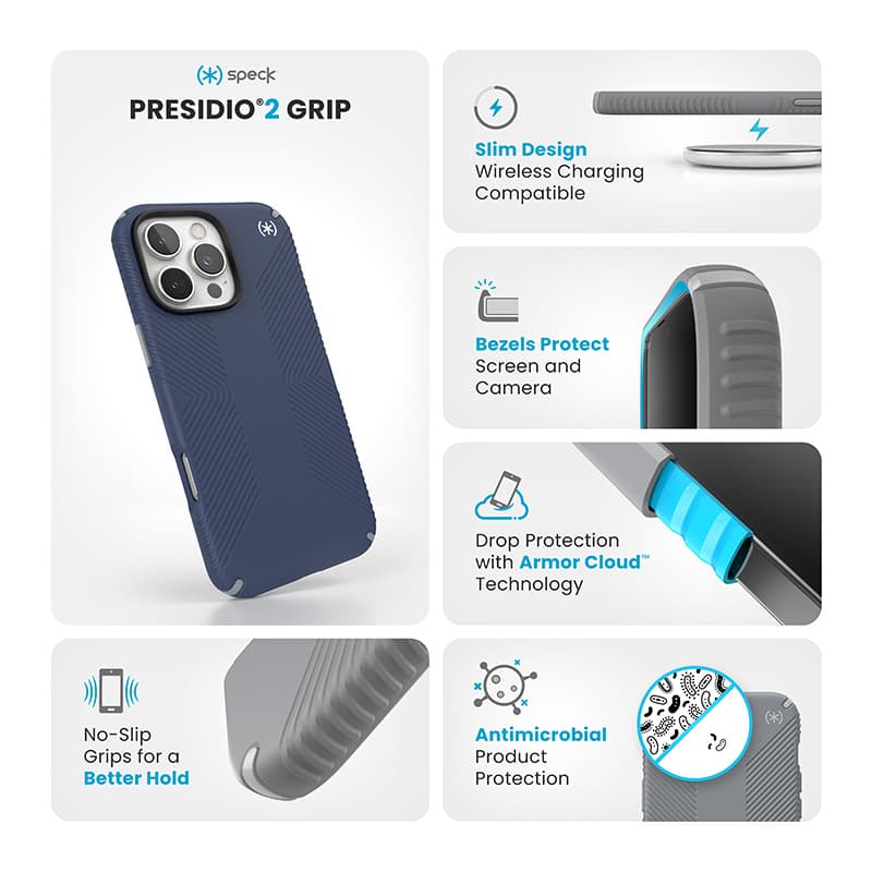 Speck Presidio2 Grip - iPhone 16 Pro Max Case (Coastal Blue / Dust Gray / White) 6