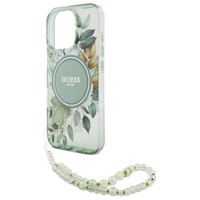 Guess IML Flowers With Pearl Strap MagSafe - Case for iPhone 16 Pro (Green) 5