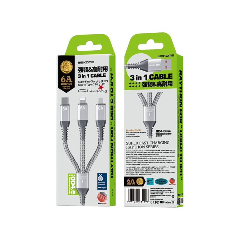 WEKOME WDC-170 Raython Series - 3-in-1 USB-A to USB-C + Lightning + Micro USB 1.2 m Fast Charging PD Cable (Silver) 2
