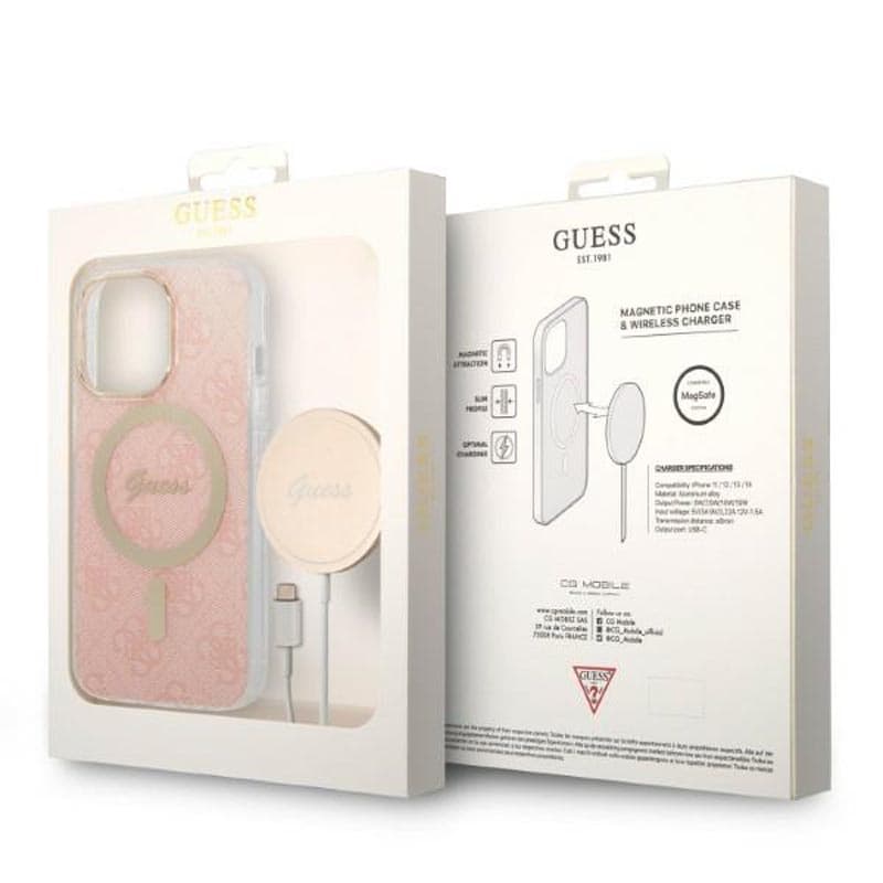 Guess Bundle Pack MagSafe 4G - Set of case for iPhone 13 Pro Max + MagSafe charger (Pink/Gold) 2