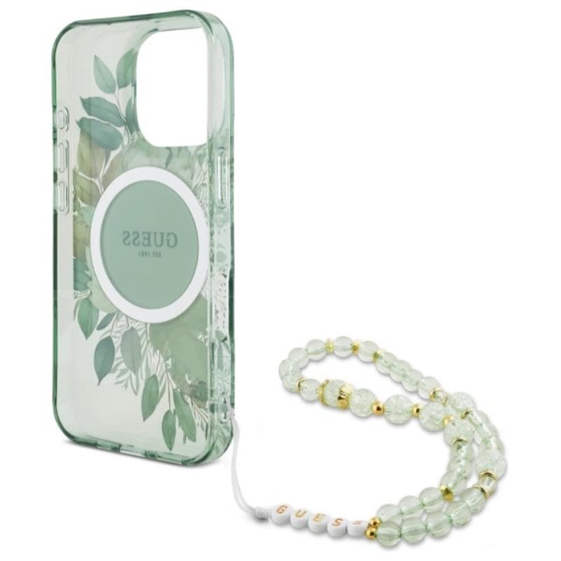 Guess IML Flowers With Pearl Strap MagSafe - Case for iPhone 16 Pro (Green) 6