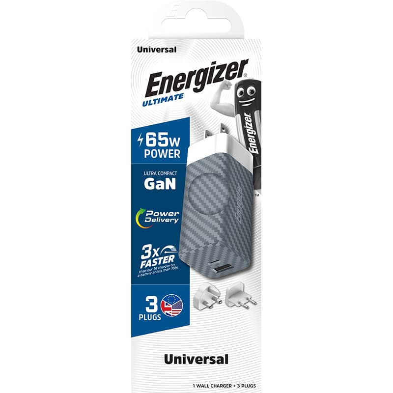 Energizer Ultimate - Multiplug EU / UK / US GaN USB-C & USB-A 65W PD mains charger (Silver) 4