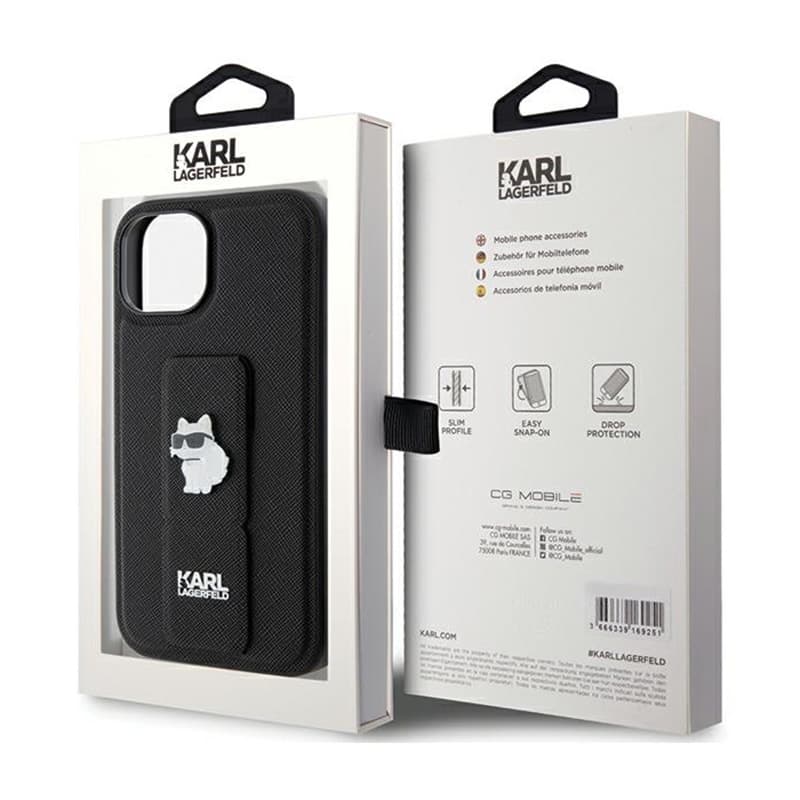 Karl Lagerfeld Gripstand Saffiano Choupette Pins - iPhone 15 Case (Black) 8