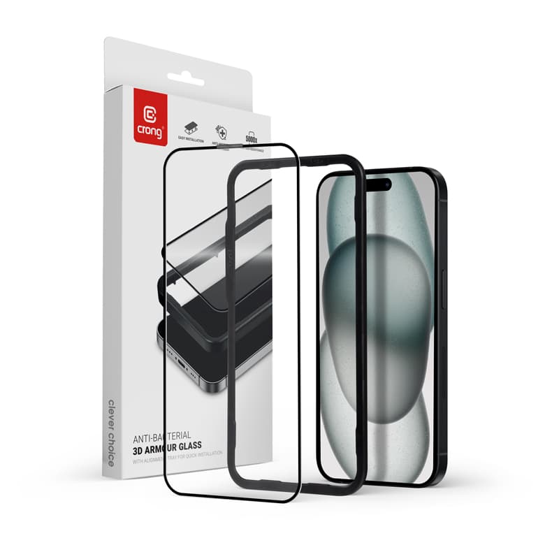 Crong Anti-Bacterial 3D Armor Glass - 9H Full Glue Tempered Glass for iPhone 16 Plus / iPhone 15 Plus + Installation Frame