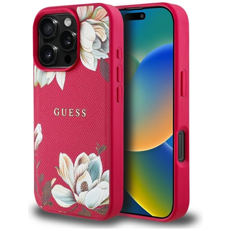 Guess Grained Printed Flower Pattern MagSafe - Case for iPhone 16 Pro Max (fuchsia)