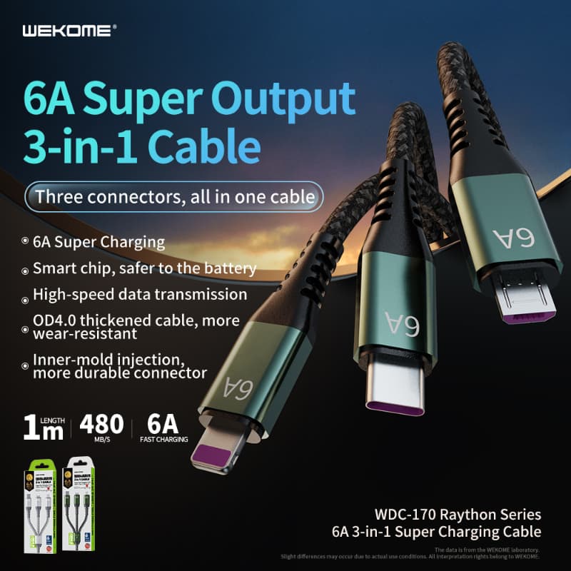 WEKOME WDC-170 Raython Series - 3-in-1 USB-A to USB-C + Lightning + Micro USB 1.2 m Fast Charging PD Cable (Silver) 3