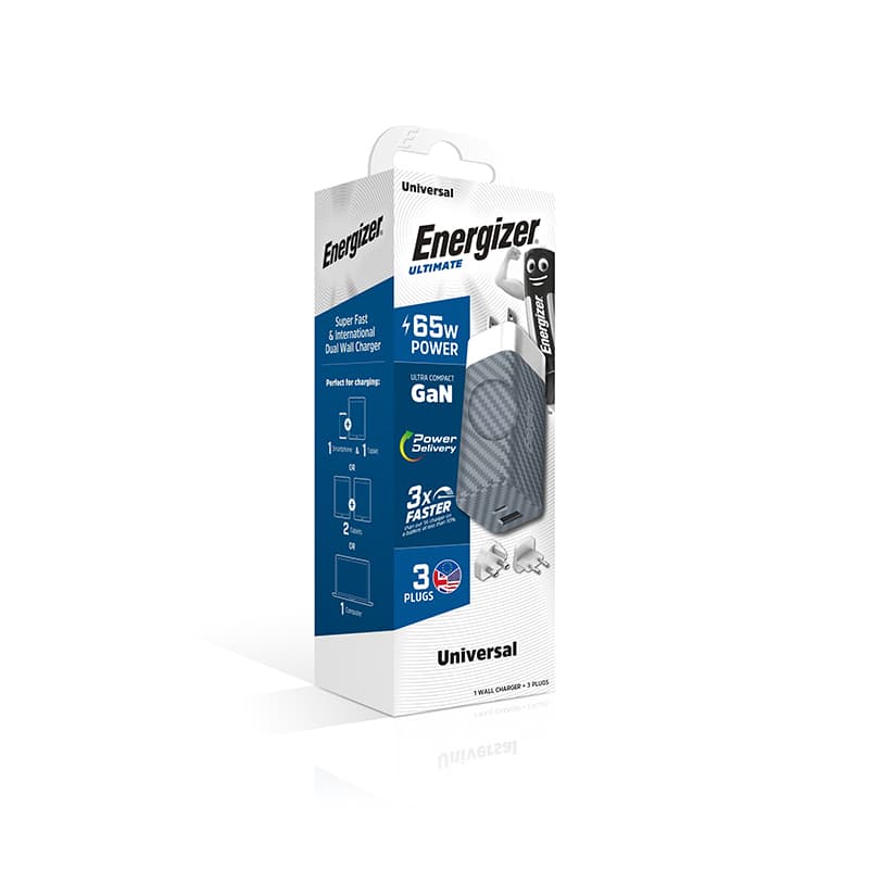 Energizer Ultimate - Multiplug EU / UK / US GaN USB-C & USB-A 65W PD mains charger (Silver) 6