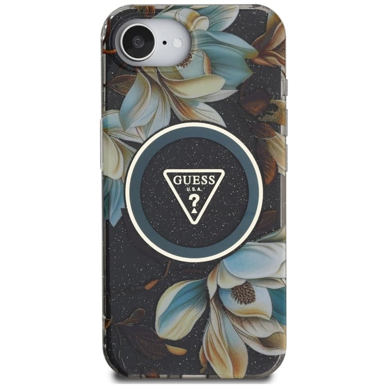 Guess IML Metal Glitter Flowers Triangle MagSafe - Case for iPhone 16e (black) 3