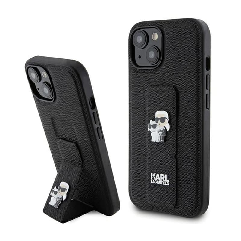 Karl Lagerfeld Gripstand Saffiano Karl & Choupette Pins - iPhone 15 Case (Black) 1