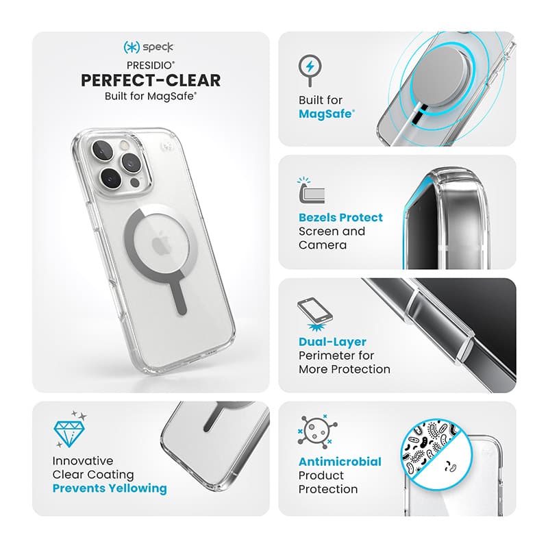 Speck Presidio Perfect-Clear MagSafe - iPhone 16 Pro Max Case (Clear / Chrome Finish / Serene Silver) 6