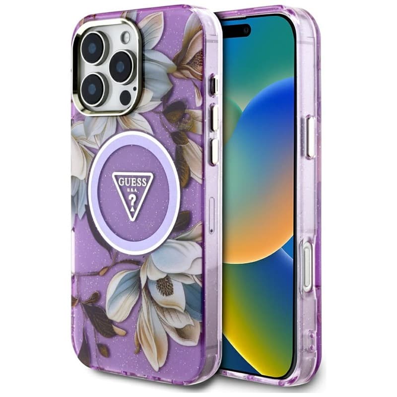 Guess Glitter Flowers Triangle Buttons MagSafe - Case for iPhone 16 Pro (purple)