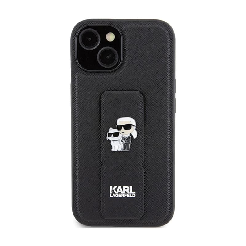 Karl Lagerfeld Gripstand Saffiano Karl & Choupette Pins - iPhone 15 Case (Black) 3
