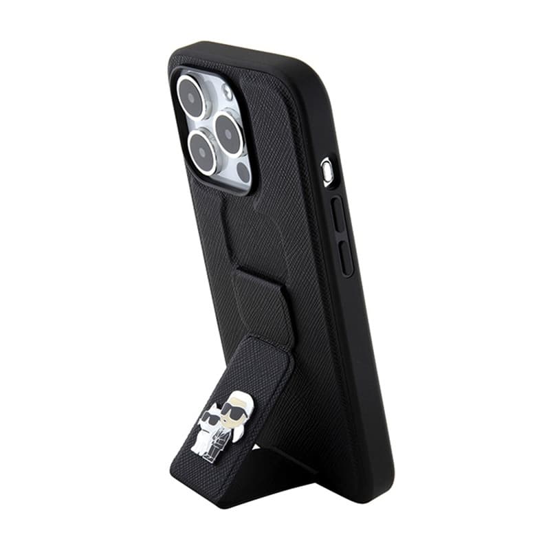 Karl Lagerfeld Gripstand Saffiano Karl & Choupette Pins - iPhone 15 Pro Case (Black) 2