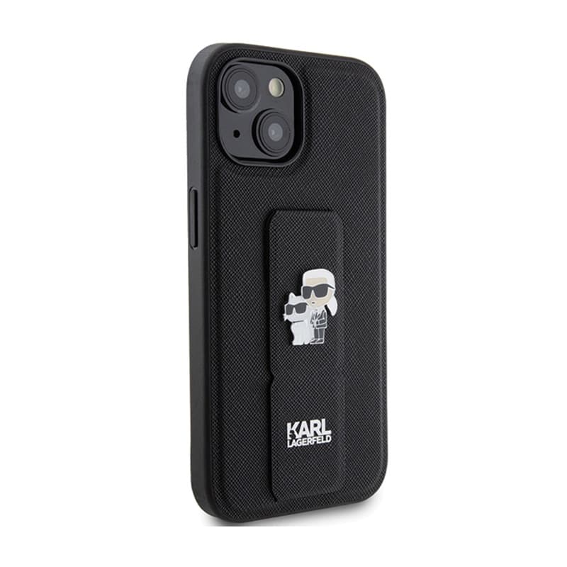 Karl Lagerfeld Gripstand Saffiano Karl & Choupette Pins - iPhone 15 Case (Black) 4