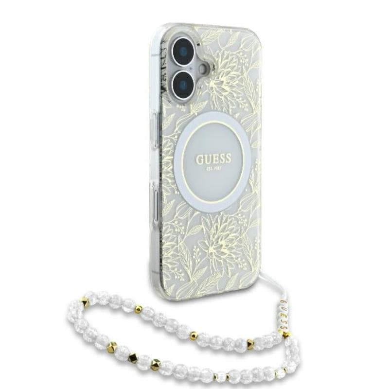 Guess IML Flowers Allover Electro With Pearl Strap MagSafe - Case for iPhone 16 (White) 3